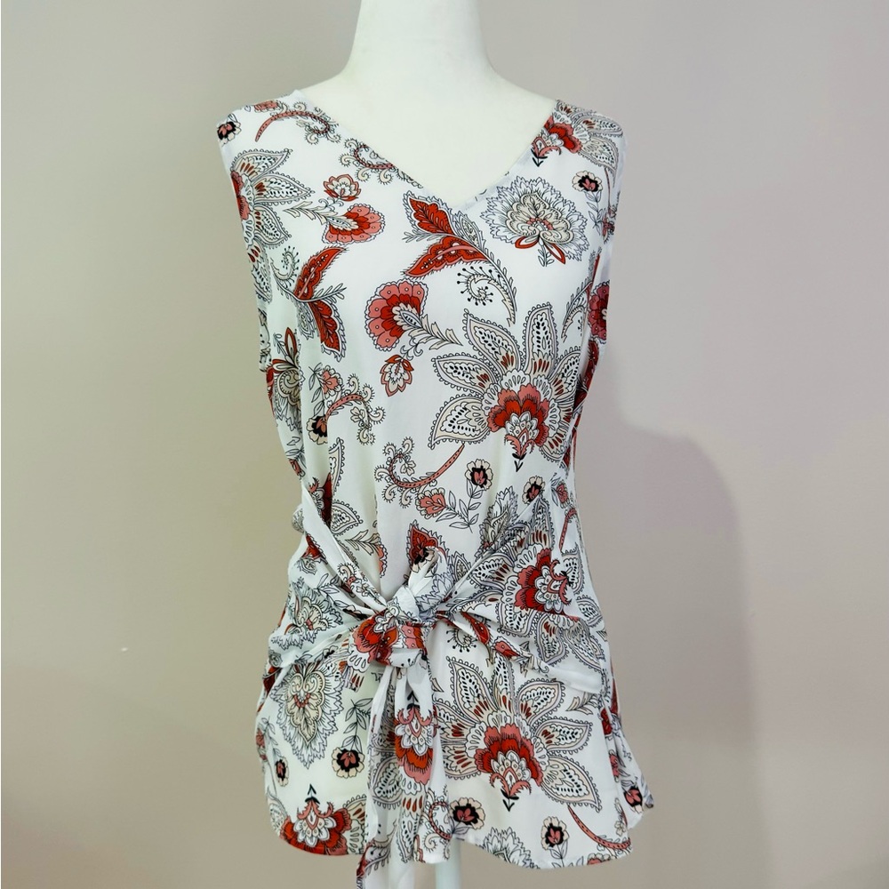 LOFT Women's Floral Wrap Top - Orange and White Small